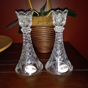 Vintage Deplomb Lead Crystal Candlestick Votive Candle Holders Flower Top Glass